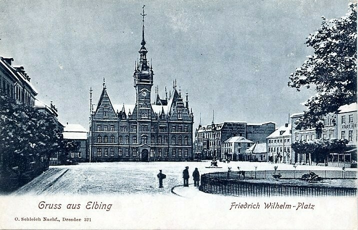 Elbląg, Dawny elbląski ratusz zimą przed wojna, Friedrich Wilhelm Platz. Obecnie to plac Słowiański