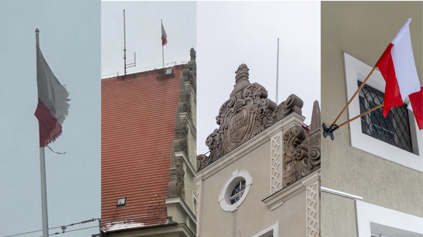 Elbląg, Flagi na maszcie na dachu budynku sądu na razie nie ma, zostały umieszcone przed wejściem Elbląg, Flagi na maszcie na dachu budynku sądu na razie nie ma, zostały umieszcone przed wejściem