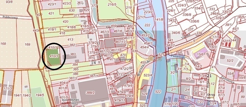Elbląg, Działka 410/3, o której mowa, zaznaczona czarnym kołem. Elbląg, Działka 410/3, o której mowa, zaznaczona czarnym kołem.