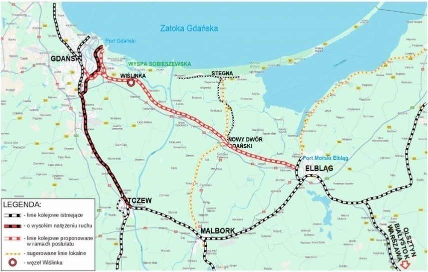Elbląg, Czerwoną linią zaznaczono na mapie nową trasę kolejową Elbląg, Czerwoną linią zaznaczono na mapie nową trasę kolejową