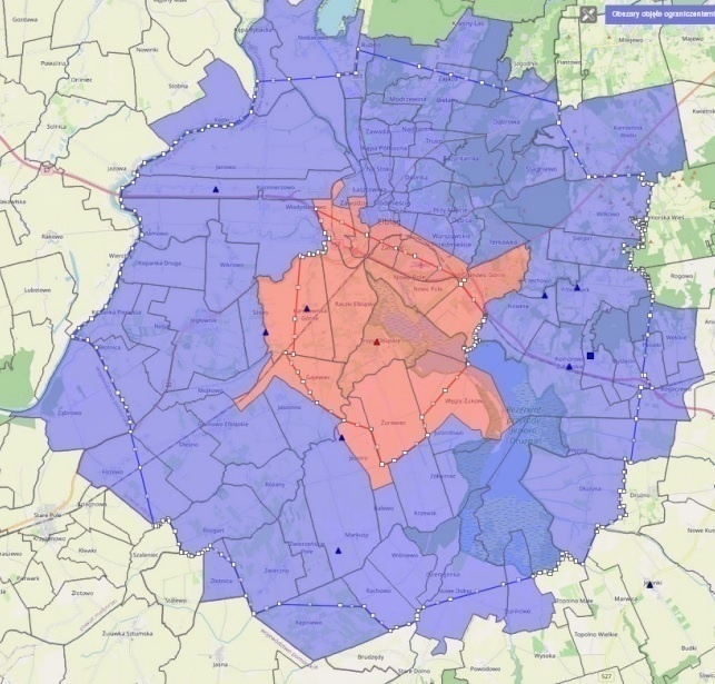 Elbląg, Obszar zapowietrzony oznaczono na czerwono, obszar zagrożony na niebiesko (graf. Powiatowy Inspektorat Weterynarii) Elbląg, Obszar zapowietrzony oznaczono na czerwono, obszar zagrożony na niebiesko (graf. Powiatowy Inspektorat Weterynarii)