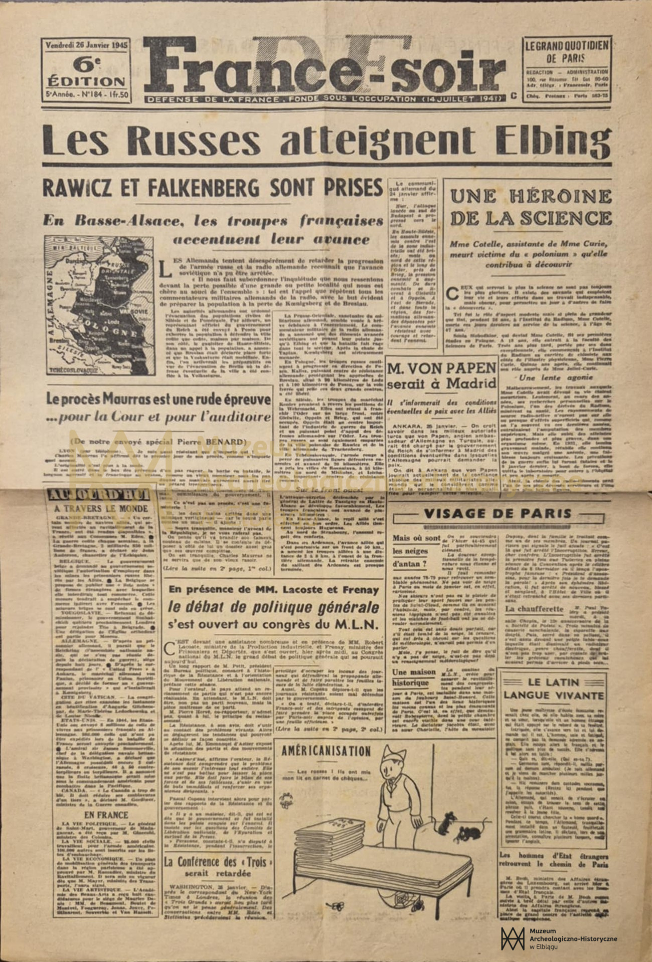 Elbląg, Dziennik „France-soir” z 26 stycznia 1945 roku, zbiory MAH