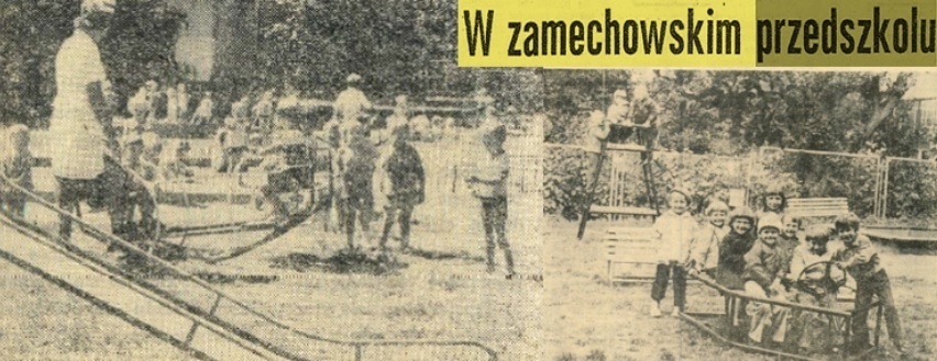 Elbląg, Place zabaw zamechowskich przedszkoli wyglądały jak większość placówek tego typu ówczesnej Polski. To zwykle gwarne miejsca wyposażone w proste (może nawet siermiężne) urządzenia rekreacyjne. Kto spośród urodzonych przed 1990 nie ma takich zdjęć w swoim albumie rodzinnym?