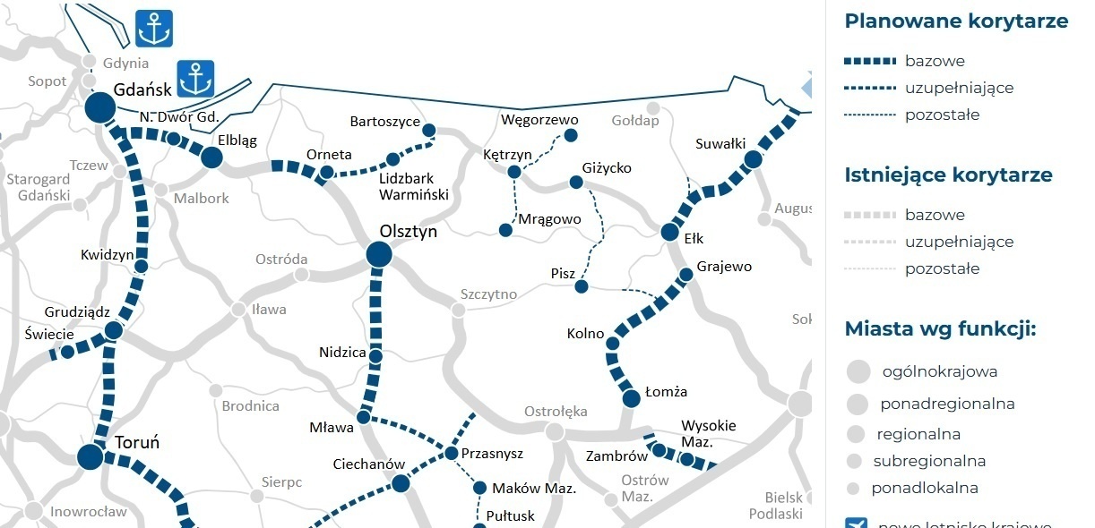 Elbląg, Planowana sieć kolejowa w północno-wschodniej części Polski (grafika Zintegrowanej Sieci Kolejowej) Elbląg, Planowana sieć kolejowa w północno-wschodniej części Polski (grafika Zintegrowanej Sieci Kolejowej)