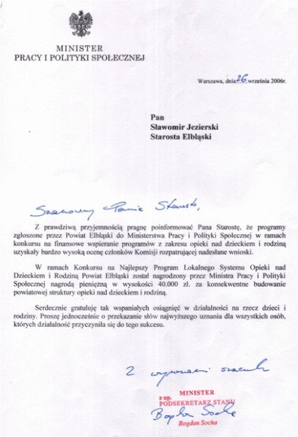 Elbląg, List gratulacyjny ministra do starosty elbląskiego Sławomira Jezierskiego w związku z przyznaną nagrodą.