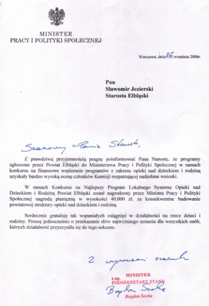 Elbląg, List gratulacyjny ministra do starosty elbląskiego Sławomira Jezierskiego w związku z przyznaną nagrodą. Elbląg, List gratulacyjny ministra do starosty elbląskiego Sławomira Jezierskiego w związku z przyznaną nagrodą.