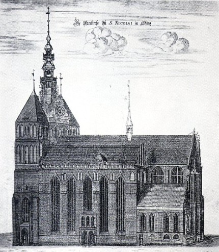 Elbląg, Rycina „Kościół św. Mikołaja w Elblągu” wg miedziorytu Johanna Friedricha Enderscha, ok. 1737 r. Elbląg, Rycina „Kościół św. Mikołaja w Elblągu” wg miedziorytu Johanna Friedricha Enderscha, ok. 1737 r.