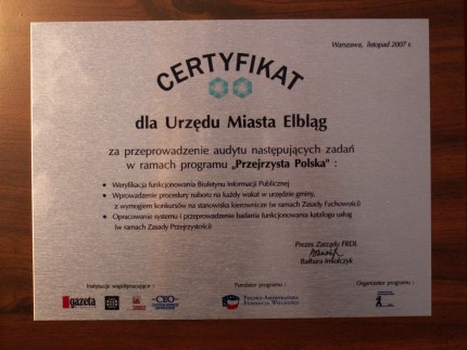 Elbląg, Przejrzysty Urząd Miejski Elbląg, Przejrzysty Urząd Miejski