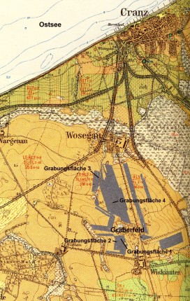 Elbląg, Fragment mapy z 1922 r. Szarym kolorem zaznaczono powierzchnie przebadane metodą geomagnetyczną. Źródło: „Archäologie in Deutschland”, nr 5, 2007.