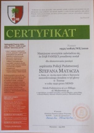 Elbląg, Certyfikat Dębu Katyńskiego. Elbląg, Certyfikat Dębu Katyńskiego.