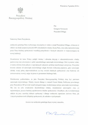 Elbląg, Prezydent RP gratuluje Prezydentowi Elbląga Elbląg, Prezydent RP gratuluje Prezydentowi Elbląga