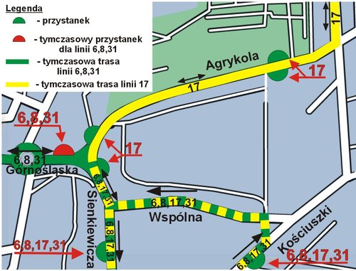 Elbląg, Mapka z trasami objazdów Elbląg, Mapka z trasami objazdów