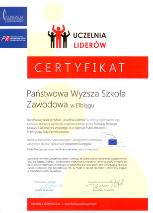 Elbląg, Certyfikat dla PWSZ Elbląg, Certyfikat dla PWSZ