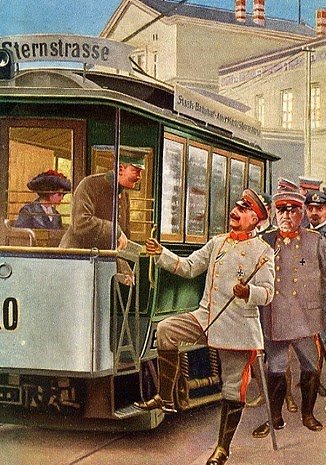 Elbląg, Wilhelm II wsiada do elbląskiego tramwaju. Elbląg, Wilhelm II wsiada do elbląskiego tramwaju.