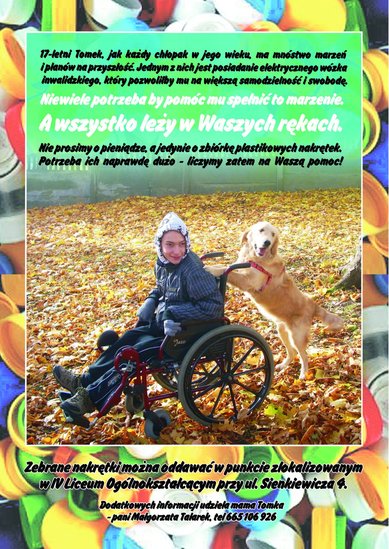 Elbląg, Zbiórka nakrętek na wózek dla Tomka Elbląg, Zbiórka nakrętek na wózek dla Tomka
