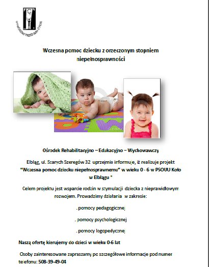 Elbląg, Projekt Wczesna pomoc dziecku niepełnosprawnemu Elbląg, Projekt Wczesna pomoc dziecku niepełnosprawnemu
