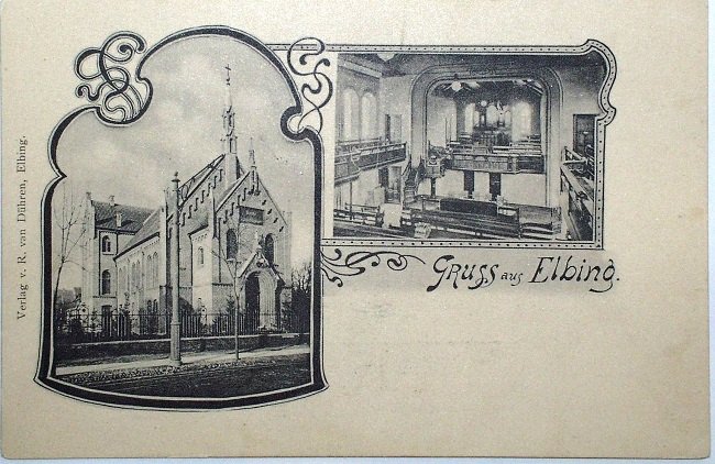 Elbląg, Dawna świątynia baptystów przy obecnej ul. 3 Maja (tzw. Zbór Elbing I), wzniesiona w 1896, zniszczona w 1945 r.  (pocztówka ze zbiorów Hansa Pfau)