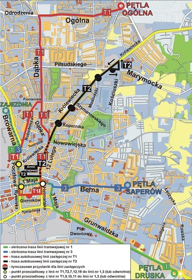 Elbląg, Komunikacja zastępcza czerwiec 2013, mapka nadesłana przez ZKM Elbląg, Komunikacja zastępcza czerwiec 2013, mapka nadesłana przez ZKM