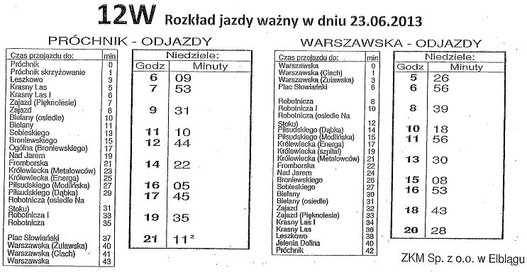 Elbląg, Rozkład jazdy linii nr 12 w dniu 23 czerwca, Elbląg, Rozkład jazdy linii nr 12 w dniu 23 czerwca,