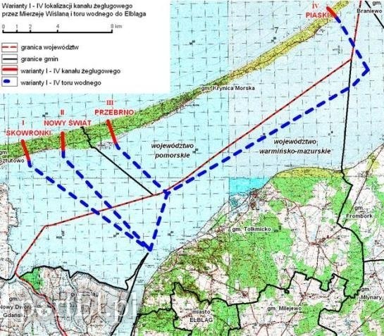 Elbląg, Warianty wykonania kanału żeglugowego przez Mierzeję Wislaną. Elbląg, Warianty wykonania kanału żeglugowego przez Mierzeję Wislaną.