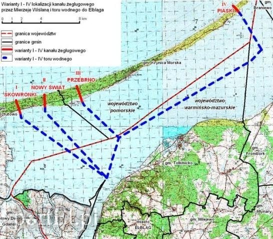 Elbląg, Warianty wykonania kanału żeglugowego przez Mierzeję Wislaną.