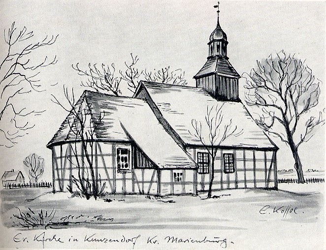 Elbląg, Grafika Ernsta Kossola przedstawiając kościół bł. Doroty jeszcze w Kaczynosie