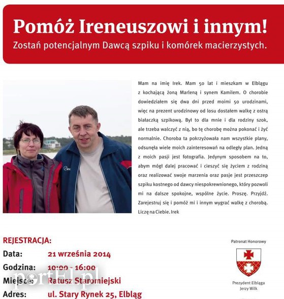 Elbląg, Pomóż Irkowi, pomóż innym - zostajesz dawcą, ratujesz życie Elbląg, Pomóż Irkowi, pomóż innym - zostajesz dawcą, ratujesz życie