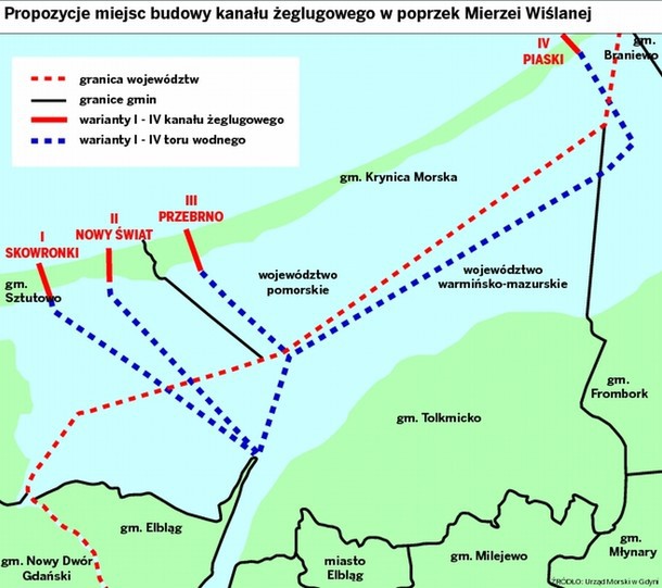 Elbląg, Najlepszą lokalizacją kanału jest Nowy Świat - wynika z prognozy oddziaływania na środowisko (materiały Urzędu Morskiego w Gdyni)