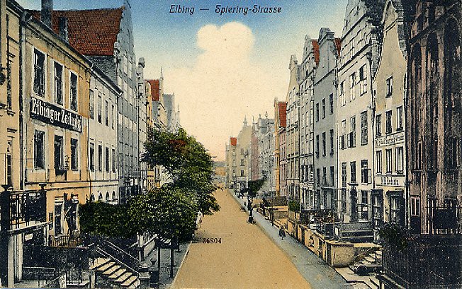 Elbląg, Spiering-Strasse (obecna Bednarska) po lewej redakcja Elbinger Zeitung