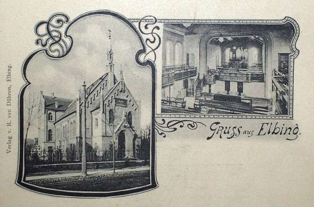 Elbląg, Dawny kościół baptystów i jego  wnętrze, stan sprzed 1945 r.