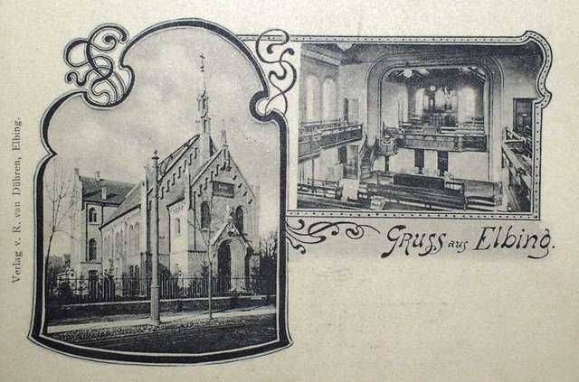 Elbląg, Dawny kościół baptystów i jego wnętrze, stan sprzed 1945 r. Elbląg, Dawny kościół baptystów i jego wnętrze, stan sprzed 1945 r.