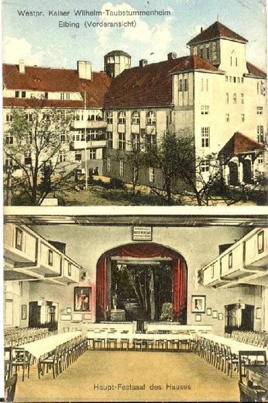Elbląg, Tak przed wojną wyglądał Instytut Głuchoniemych, w budynku dzisiaj mieści się Komenda Miejska Policji. Na dolnym zdjęciu sala teatralna, która obecnie nie istnieje