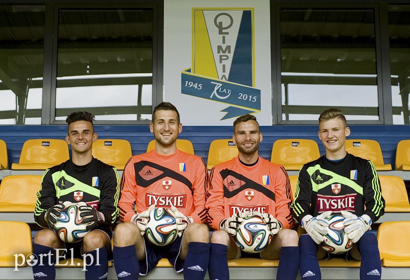 Elbląg, Bramkarze Olimpii (od lewej): K. Jurewicz, K. Tułowiecki, W. Daniel, M. Jóźwiak.