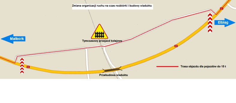 Elbląg, Objazd dla pojazdów o dopuszczalnej masie do 15 t prowadzi po trasie dawnej drogi krajowej nr 22 Elbląg, Objazd dla pojazdów o dopuszczalnej masie do 15 t prowadzi po trasie dawnej drogi krajowej nr 22