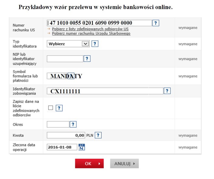 Elbląg, Przykładowy wzór przelewu w systemie bankowości online,