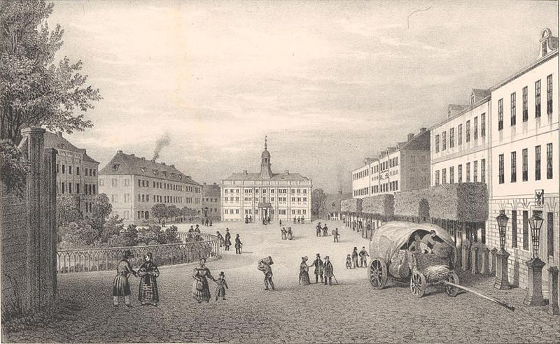 Elbląg, Litografia przedstawiająca pl. Fryderyka Wilhelma (obecnie pl. Słowiański), rok 1842 Elbląg, Litografia przedstawiająca pl. Fryderyka Wilhelma (obecnie pl. Słowiański), rok 1842