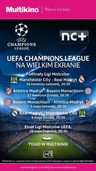 Elbląg, Półfinał Ligi Mistrzów UEFA na wielkim ekranie tylko w Multikinie