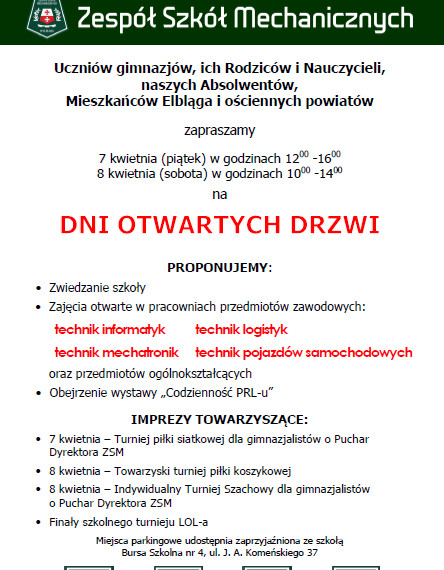 Elbląg, Drzwi Otwarte w Zespole Szkół Mechanicznych Elbląg, Drzwi Otwarte w Zespole Szkół Mechanicznych