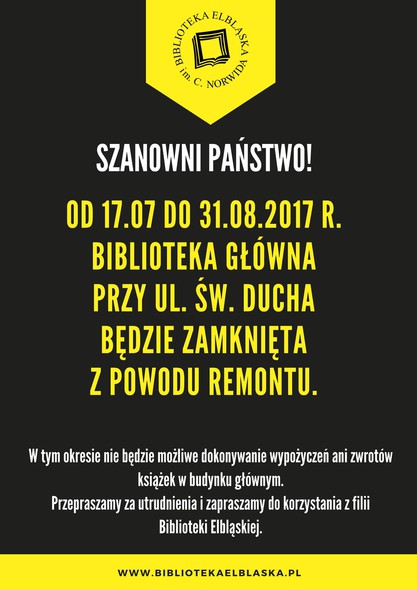 Elbląg, Biblioteka główna będzie nieczynna Elbląg, Biblioteka główna będzie nieczynna