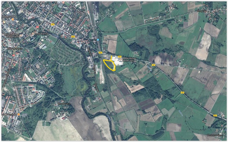 Elbląg, W tym miejscu w Braniewie (zaznaczone żółtym kolorem) powstanie nowa fabryka mebli