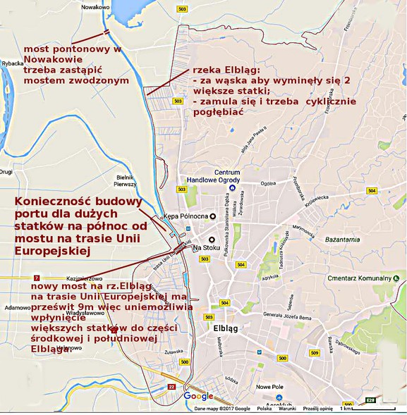 Elbląg, Obecnie most pontonowy trzeba zastąpić mostem zwodzonym, a w północnej części Elbląga trzeba by wybudować port dla dużych statków (przed mostem Unii Europejskiej) (grafika nadesłana przez Czytelnika)