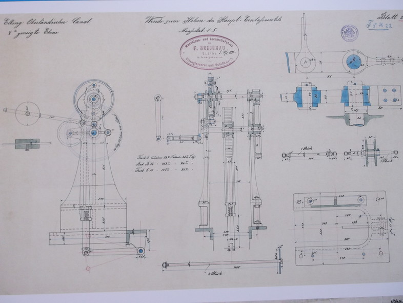 Elbląg, Rysunek techniczny z zakładów Schichaua znajdujący się w Izbie Pamięci Kanału Elbląskiego