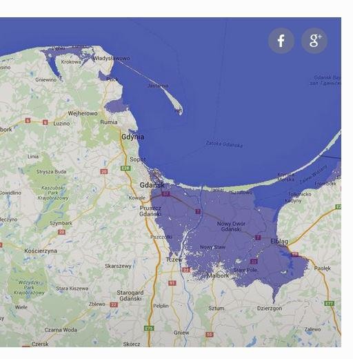 Elbląg, Symulacja jak globalne ocieplenie i topienie lodowców płynie na podwyższenie(zalanie) terenów nisko położonych Elbląg, Symulacja jak globalne ocieplenie i topienie lodowców płynie na podwyższenie(zalanie) terenów nisko położonych