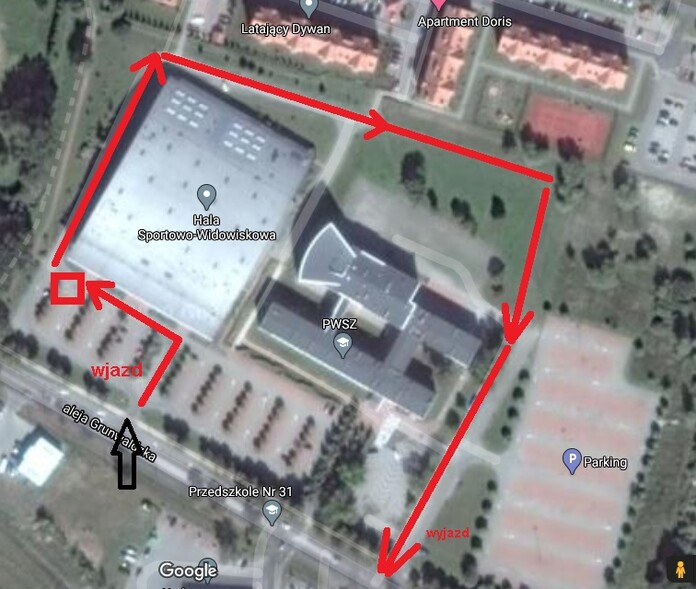 Elbląg, Punkt drive-thru będzie się mieścił na parkingu przy hali HSW. Tak wygląda schemat dojazdu i wyjazdu z punktu Elbląg, Punkt drive-thru będzie się mieścił na parkingu przy hali HSW. Tak wygląda schemat dojazdu i wyjazdu z punktu