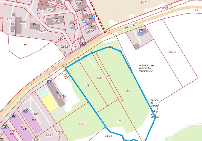 Elbląg, Na tych działkach, oznaczonych niebieską linią, ma powstać osiedle (mapa UM Elbląg) Elbląg, Na tych działkach, oznaczonych niebieską linią, ma powstać osiedle (mapa UM Elbląg)