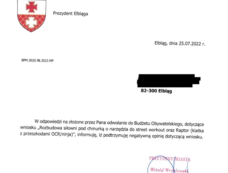 Elbląg, Takiej treści pisma otrzymują mieszkańcy w sprawie odrzucenia ich wniosku do BO. Nadesłane przez Czytelnika