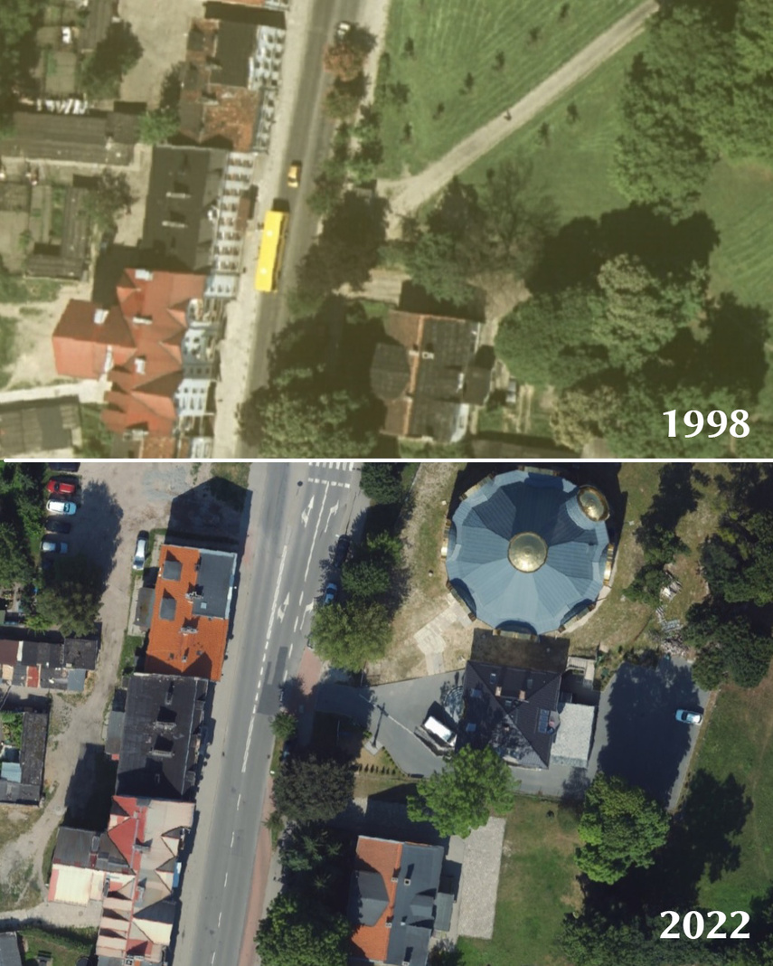 Elbląg, Okolice przystanku przy Traugutta w latach 1998 i 2022 Elbląg, Okolice przystanku przy Traugutta w latach 1998 i 2022