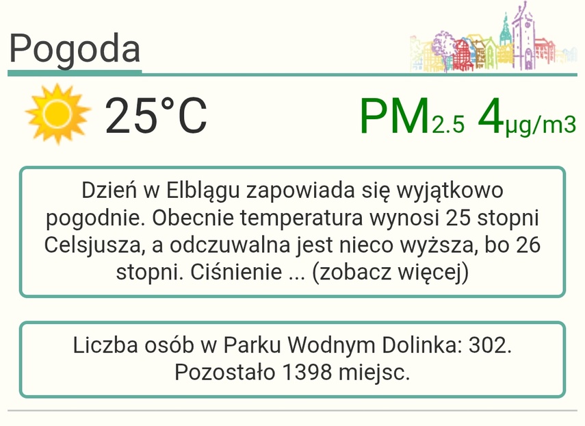Elbląg, Zrzut ekranu wersji mobilnej portElu z pogodą z 3 lipca z godz. 9.20 Elbląg, Zrzut ekranu wersji mobilnej portElu z pogodą z 3 lipca z godz. 9.20