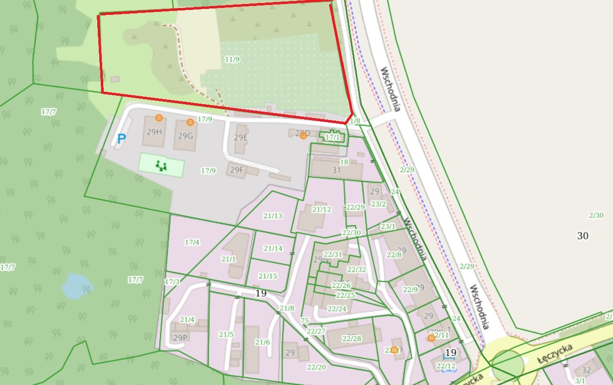 Elbląg, Na części działki, zaznaczonej przez nas czerwoną linią, mają powstać nowe mieszkania komunalne i socjalne (graf.  Geoportal Miasta Elbląg)