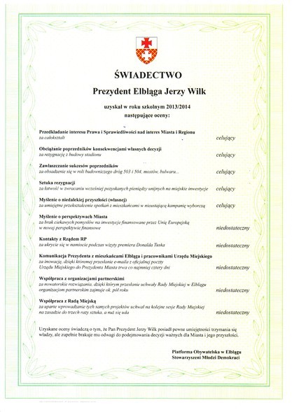 Elbląg, Takie świadectwo wystawiła PO prezydentowi Elbląga Elbląg, Takie świadectwo wystawiła PO prezydentowi Elbląga